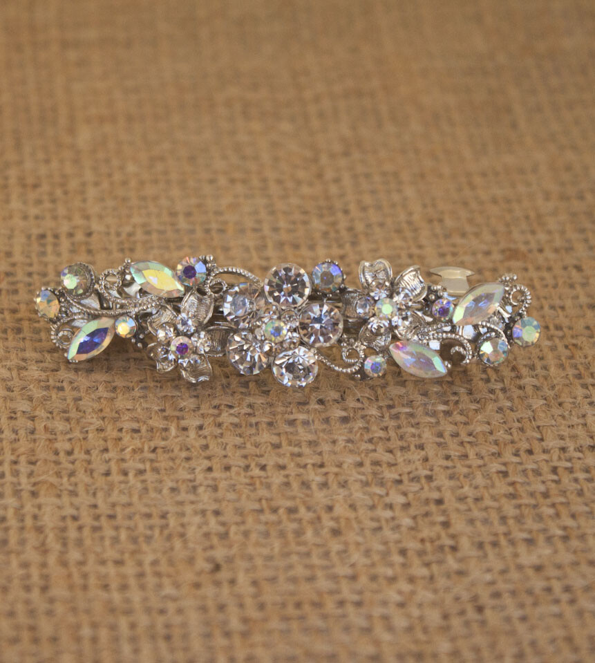 2x New Silver Tone Flower Rhinestone clear Color Hair Clip Barrette 590122