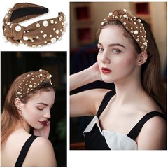 Atoden Pearl Headband Knotted Rhinestone Headbands Wide Top Knot Brown