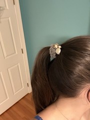 Gray Elastic Hair Tie Scrunchie, Pearl Theme Beaded Accent