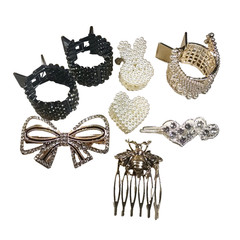 Hair Barrette Pony Tail Holders Lot Of 8 Rhinestone. Faux Pearls