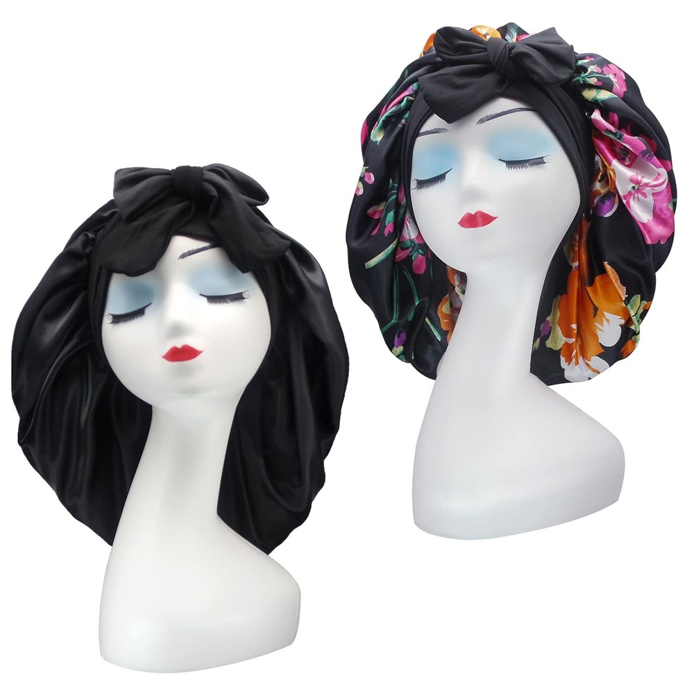 2 Pack Silk Satin Hair Bonnet With Stretch Tie Band Bonnets Curly Hair Sleeping
