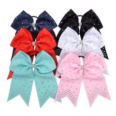 7 Inches Rhinestone Hair Bows Elastic Tie Ribbon Large Cheer Ponytail Holder