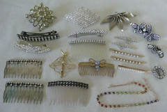 21 Vintage Hair Accessory Flower Silver Clear Heart Gold Rainbow Rhinestone Lot