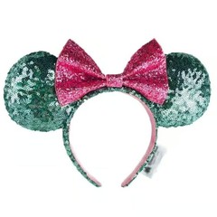 Disney Parks Holiday Minnie Mouse Ears Green Sequin Pink Bow NWOT Authentic