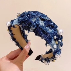 KLASS Headband for Women Girls Non Slip Blue Patchwork Denim Knot Pearl Bling
