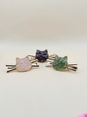 Set Of 3 Hello Kitty Hair clips Natural Crystal Gemstone Pink Purple Green