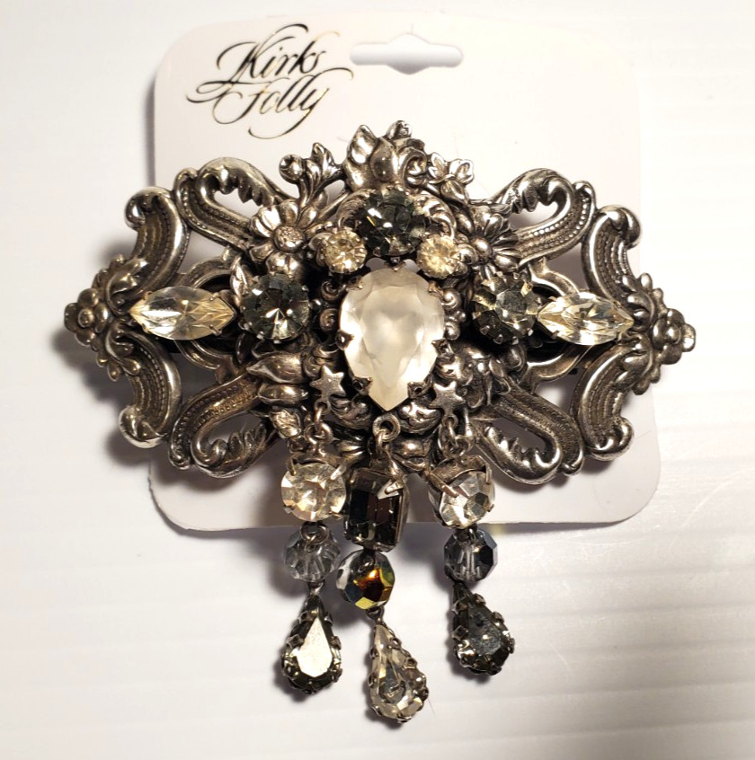 Kirks Folly Dangling Rhinestone Hair Barette Ornate Silvertone with Stars w/Card