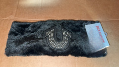True Religion Faux Fur Rhinestone Logo Head Band Wrap Black NEW
