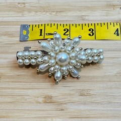 Pearl Flower Hair Barrette Clip White Faux Pearl Silver Tone Bridal Floral