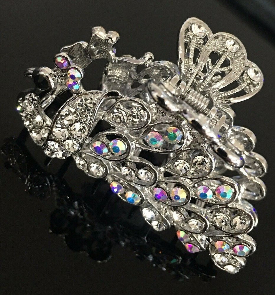 Beautiful Silver Tone metal Hair Jaw peacock clear Rhinestone Crystal Color a6
