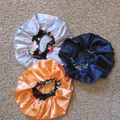 NEW Set 3 Satin Bonnets Night Sleep Cap Silky Head Cover Wide Elastic Blue