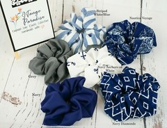 Set of 2-100% Cotton/Poly Nautical Theme Large Scrunchies Navy/White/Grey