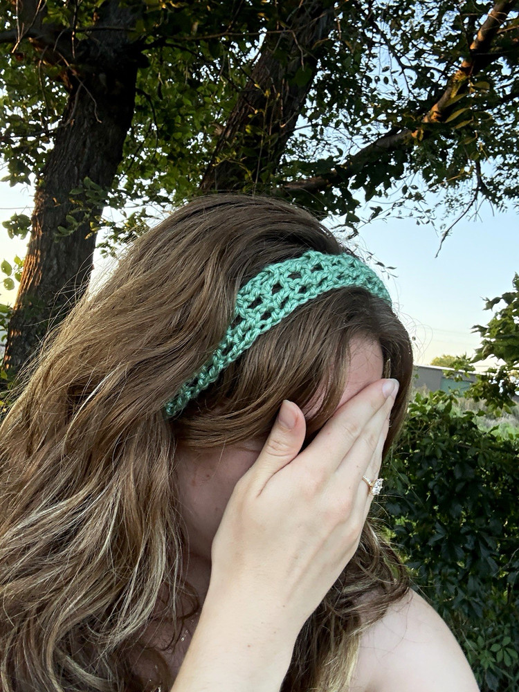 Handmade Crochet Sage Green Headband 🌿 Boho Open Stitch Hair Tie