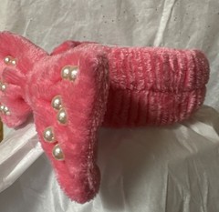Plush Bow Spa Headband W/ Pearls On Top Of Bow-Teen Or Adult Neon Pink