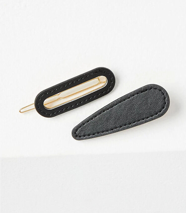 NEW Loft Ann Taylor Black Faux Leather Hair Barrette Clip Set Bundle Minimalist