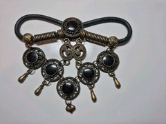 Vtg Antique Boho Black Leather Brass & Metal Hair Jewelry Barrette Tibetan Look