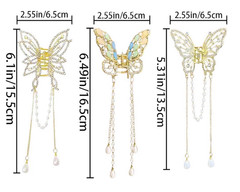 Gold Metal Butterfly Hair Clip Rhinestone Beaded Accents with Dangle Chains