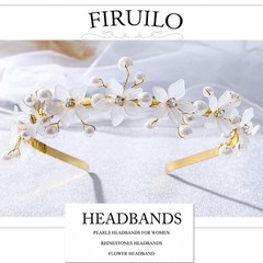 Flower Headband Pearls Rhinestones Floral Bride Wedding Party Accessory A Gold