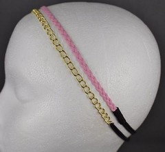Gold chain link headband Pink faux leather braid thin skinny narrow 2 pack