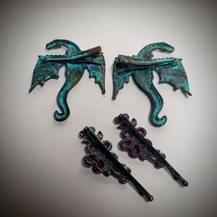 Whimsical/Magical Hair Clips/Barrettes Lot of 2 Sets Dragons/Floral Cottage Ren.