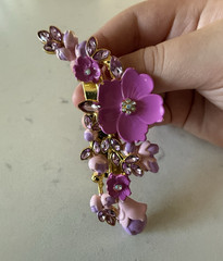 Purple Pink Floral Flower Barrette Hair Clip Gold Tone Metal w/ Rhinestones