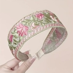 Green And Pink Embroidered Fabric/Plastic Hair Band. Lovely Piece! Comfy Too!