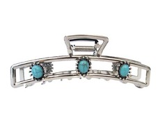 Long rectangle turquoise blue stone silver western style metal hair claw