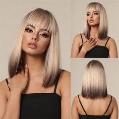 Short Wig Medium Straight Hair Natural Gradient Golden Artificial Clavicle Hair