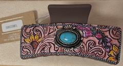 Turquoise on Silver-Tone Floral Claw Hair Clip Western Tooled Synthetic Leather