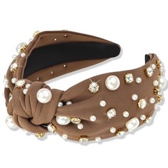 Atoden Pearl Headband Knotted Rhinestone Headbands Wide Top Knot Brown
