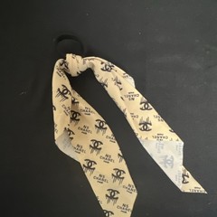 CHANEL Logo Bow Hair Tie Fabric Stretch Ponytail Holder Beige Black