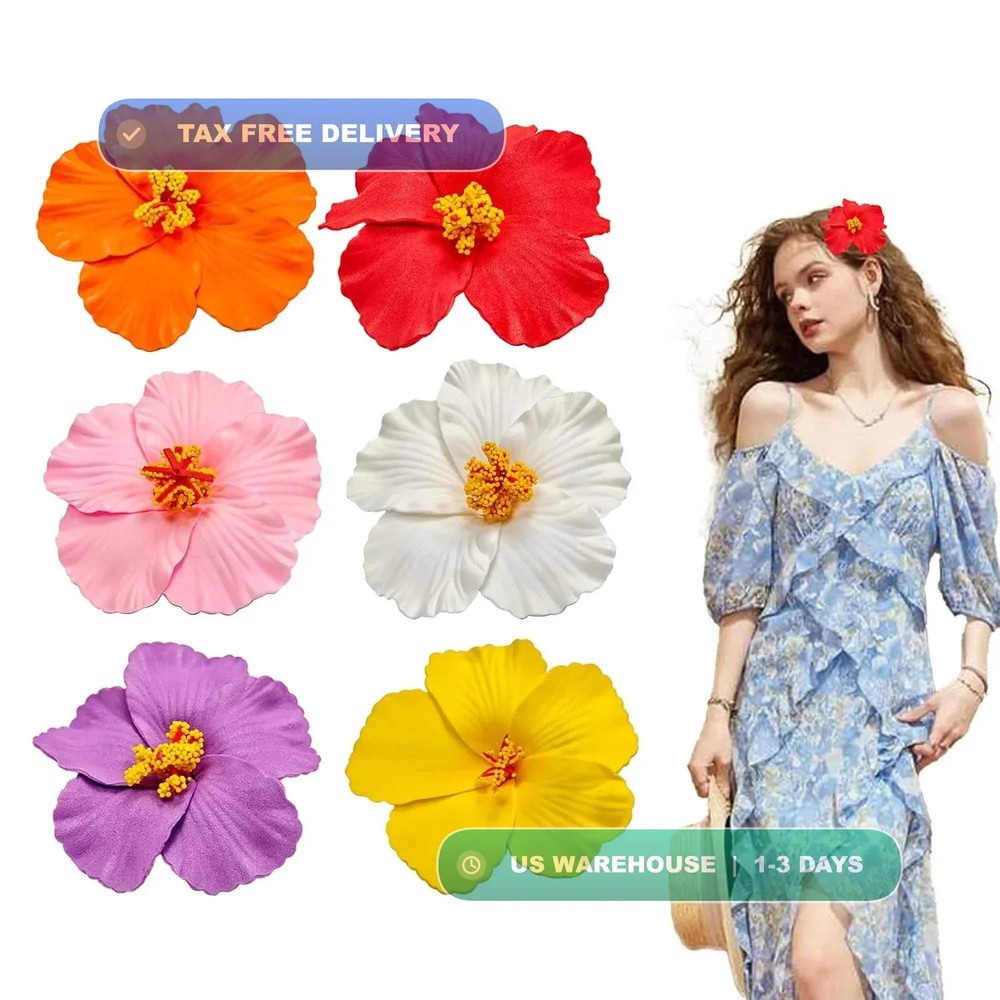 6 Pcs Hawaiian Flower Hair Clips for Women, 3.5 Inch Hawaiian Hibiscus Plumeria