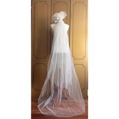 Vintage tulle wedding veil, 2 layers with tiara, beads and embroideries
