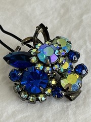 Vintage Jewelry Hair Pin Blue AB Rhinestones with Black Metal