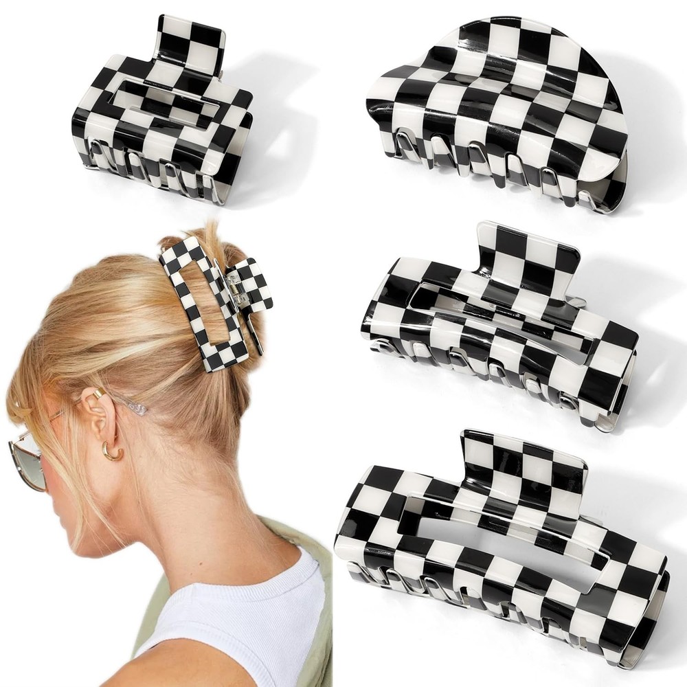 Checkered Hair Clip Large Racing Fan Flag Claw Clips for Thick Hair black