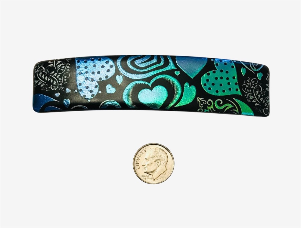Dichroic Fused Glass Hair Barrette Handmade by Janet Wolery – 4” – GREEN HEARTS
