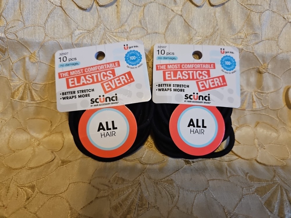 2-Scunci-Black-No Damage-Comfortable-Hair Elastics-10ct EACH-BETTER STRETCH-NEW!