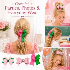 3 PCS Pink Hair Bow Clips Ribbon With Glitter Rhinestone Long Tail Ponytail