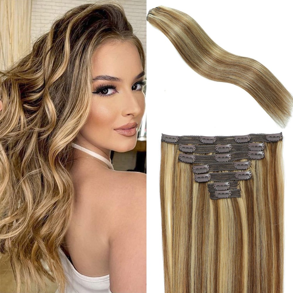 Clip in Hair Extensions Real Human Hair Chestnut Brown to Golden Blonde 18 inch