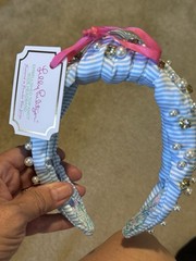 Lilly Pulitzer Blue/White Striped Embellished Headband Pearl Rhinestone Bow