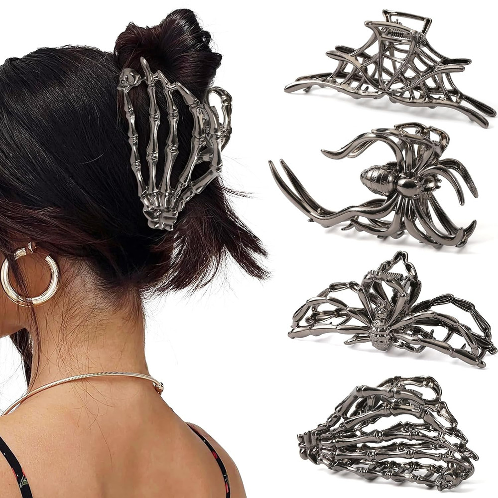 4 PCS Hair Claw Clips for Women Girls, Gothic Spider Black Metal Claw Clips, Non