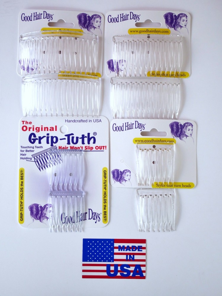 8 Combs x Good Hair Days Clear Grip Tuth Sidecombs Tucks Made in USA, 4 Sets