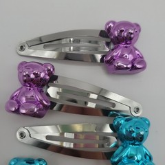 Pink, Purple & Blue Metallic Color Teddy Bear Y2K-inspired Hair Clips