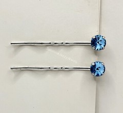 Handmade 2pc Hair/ Bobby Pins w/ Swarovski Crystal Aquamarine Chaton Stones