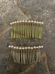 (2) Vintage Pale Gold Faux Glass Pearls Gold Metal Hair Combs
