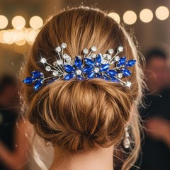 Crystal Bride Wedding Hair Comb Silver Leaf Bridal Accessories Rhinestone Blue