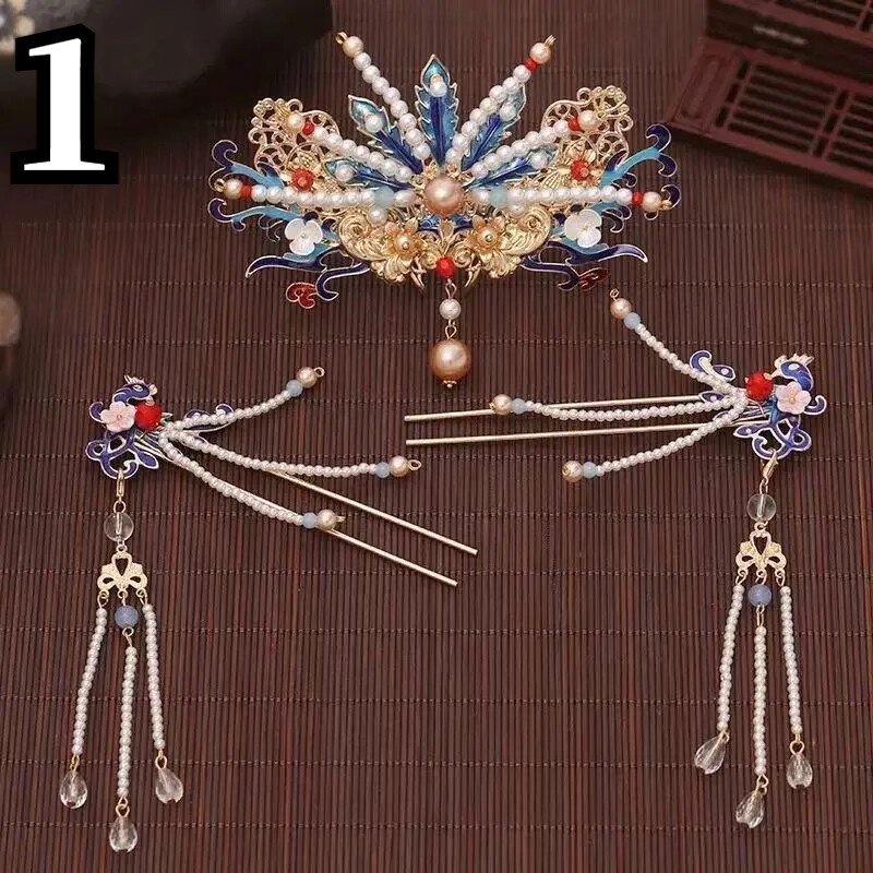 Chinese Hanfu Hair Jewelry Flower Tassel Hairpin Hairclip Crown Bridal Headdress