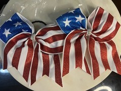 Patriotic American Flag Hair Bow Ponytail Holder Red White Blue 2 Pack Glitter