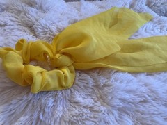 Yellow Solid Fabric Stretch Bow Scrunchie Hair Tie with Attached Scarf Tails
