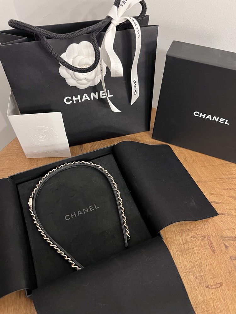 CHANEL Black Leather and Gold Metal Chain Headband -FULL SET- Bag, box, papers